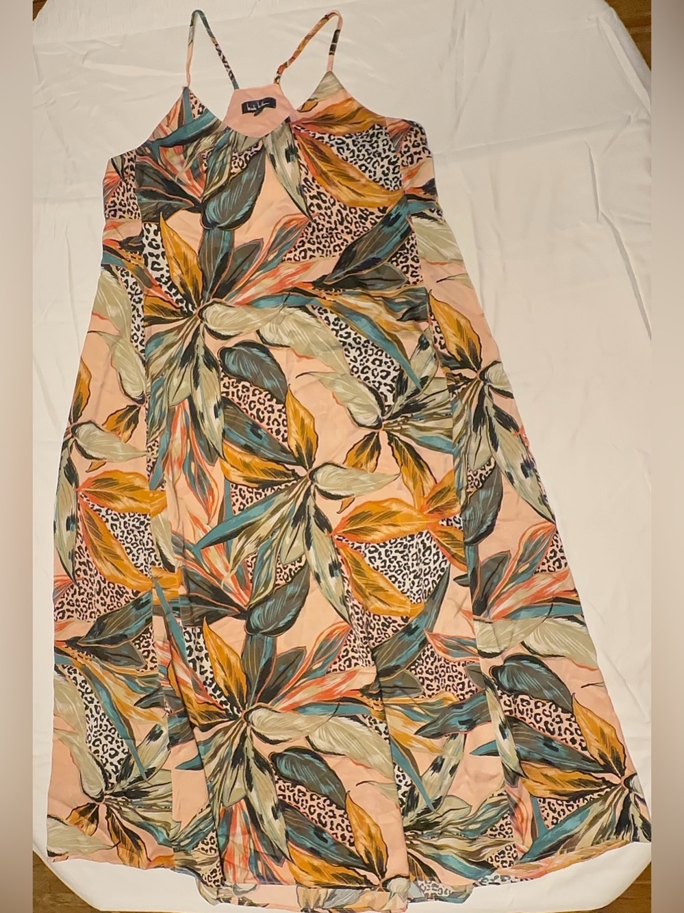 Nicole Miller Tropical Botanical Leopard Print Open Back Long Sleeve Dress Large - Picture 8 of 9
